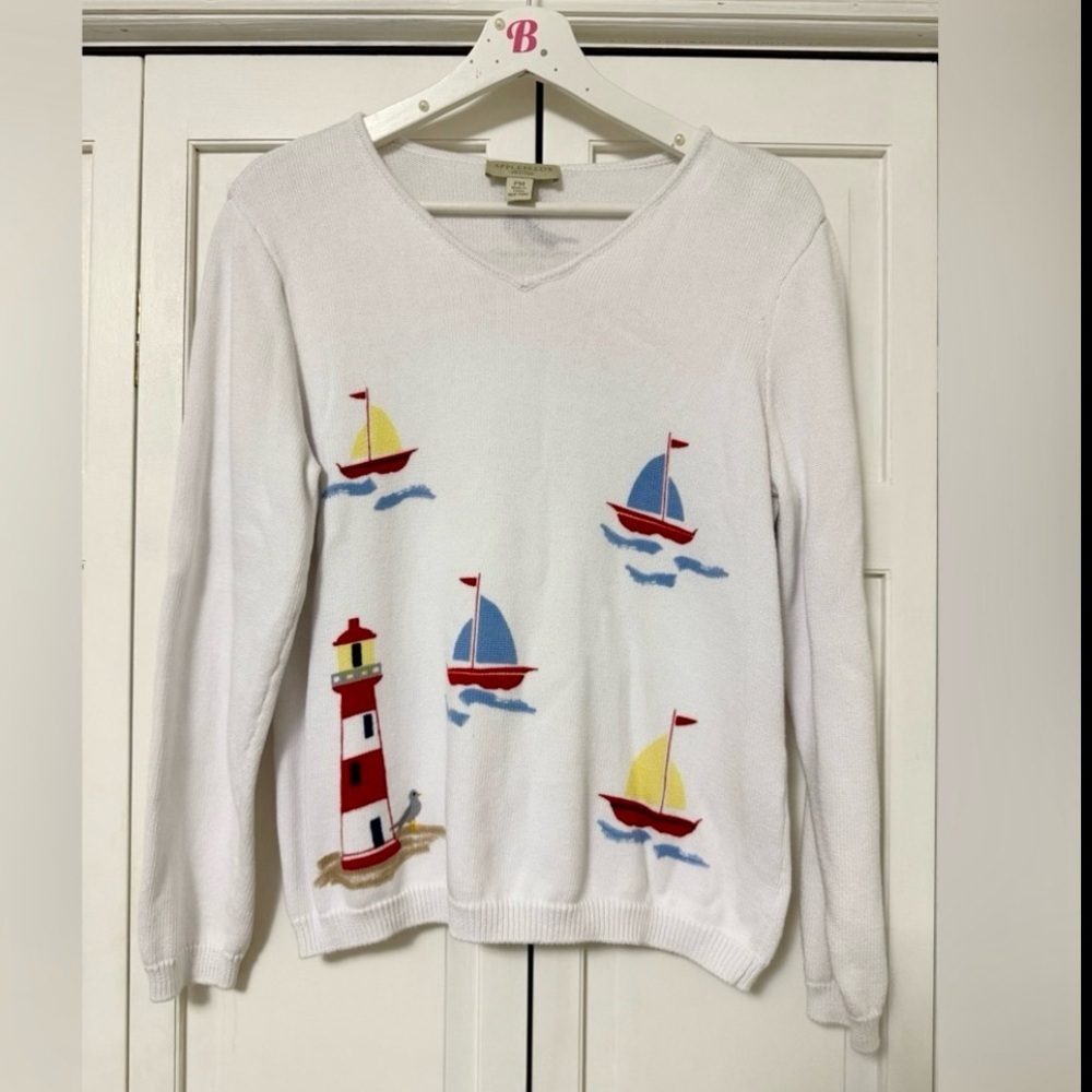 Nautical Themed White Sweater Sailboats and Lighthouse Appleseeds Petite Medium